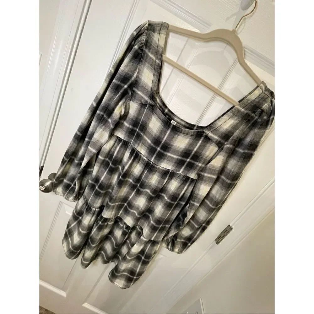 BP size 4 women’s midi shirt dress plaid white black yellow long sleeve NWOT